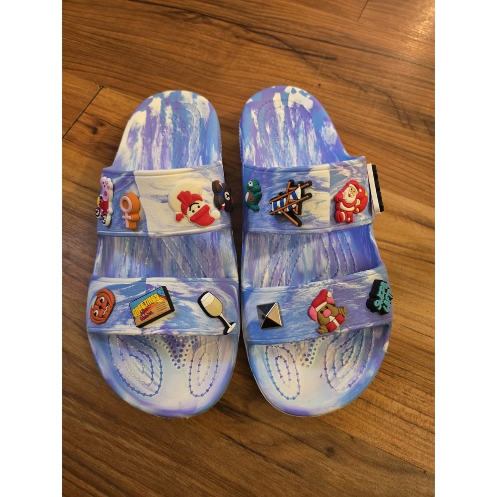 Crocs Womens Classic Sandals Marbled, Blue/White With Charms Size 8